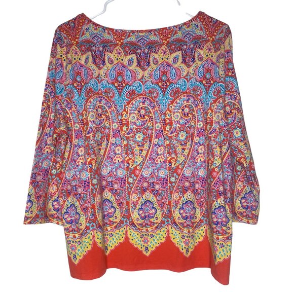 Talbots Top Womens Petite XLP Paisley Vibrant Tee Shirt 3/4 Sleeve Colorful Spri - Picture 2 of 10
